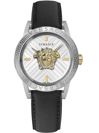 Front view of Versace VESN00222 Gold Dial Black Leather Unisex Watch on white background