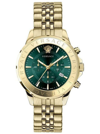 Front view of Versace Chronograph VEV600619 Green Dial Gold Stainless Steel Mens Watch on white background