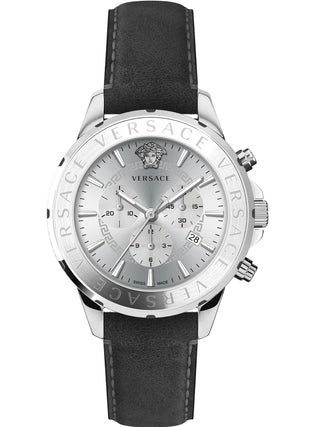 Front view of Versace Chronograph VEV601223 Silver Dial Black Leather Unisex Watch on white background