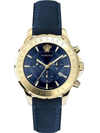 Front view of Versace Chronograph VEV601423 Blue Leather Unisex Watch on white background