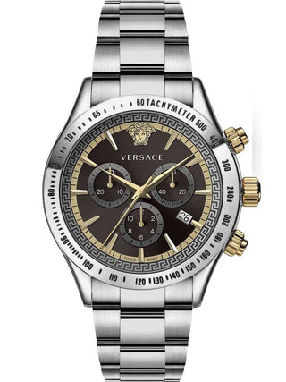 Front view of Versace Chronograph VEV700419 Brown Dial Grey Stainless Steel Mens Watch on white background