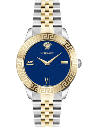 Front view of Versace VEVC00719 Blue Dial Gold Stainless Steel Womens Watch on white background