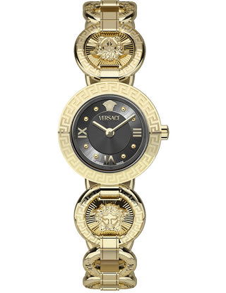 Front view of Versace VEWCA0624 Black Dial Gold Stainless Steel Womens Watch on white background