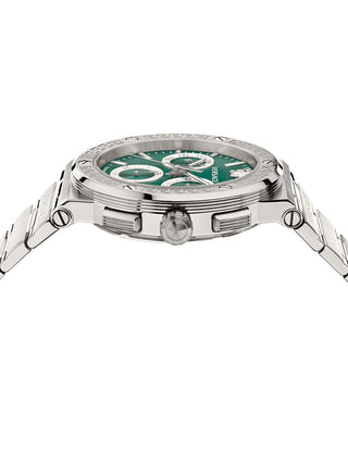 Angle shot of Versace Chronograph VEZ900121 Green Dial Silver Stainless Steel Unisex Watch on white background