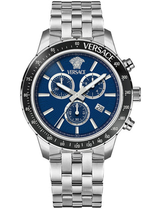 Front view of Versace Chronograph VEZCA0324 Blue Dial Silver Stainless Steel Unisex Watch on white background