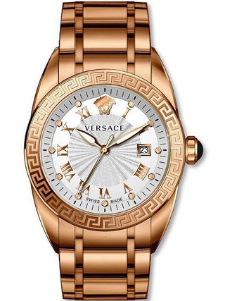 Front view of Versace VFE090013 Grey Dial Rose Gold Stainless Steel Mens Watch on white background