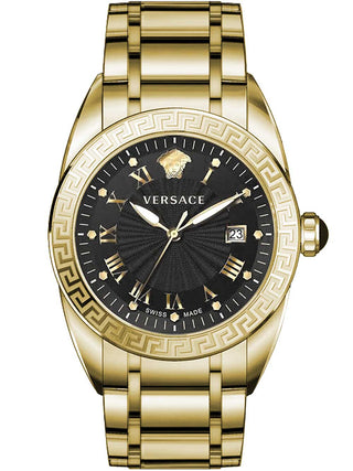 Front view of Versace VFE160017 Grey Dial Gold Stainless Steel Unisex Watch on white background