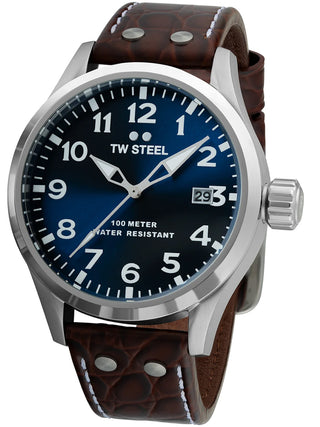 Angle shot of TW Steel VS101 Blue Dial Brown Leather Unisex Watch on white background