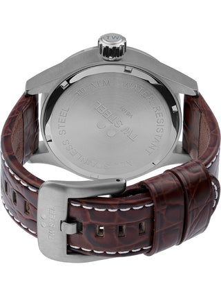 Angle shot of TW Steel VS101 Blue Dial Brown Leather Unisex Watch on white background