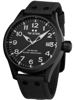 Angle shot of TW Steel VS103 Black Textile Unisex Watch on white background