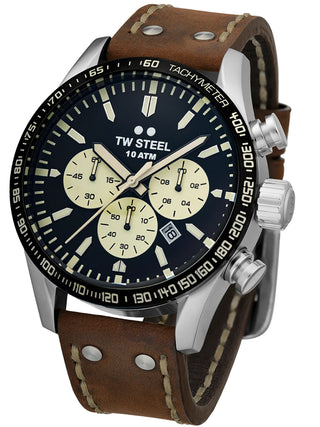 Angle shot of TW Steel Chronograph VS120 Black Dial Brown Leather Unisex Watch on white background