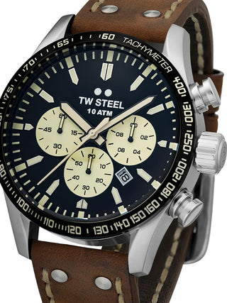 Front view of TW Steel Chronograph VS120 Black Dial Brown Leather Unisex Watch on white background