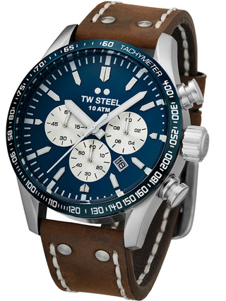 Angle shot of TW Steel Chronograph VS121 Blue Dial Brown Leather Unisex Watch on white background
