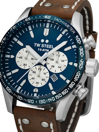 Front view of TW Steel Chronograph VS121 Blue Dial Brown Leather Unisex Watch on white background
