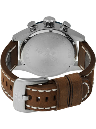 Angle shot of TW Steel Chronograph VS121 Blue Dial Brown Leather Unisex Watch on white background