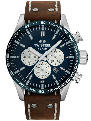 Angle shot of TW Steel Chronograph VS121 Blue Dial Brown Leather Unisex Watch on white background
