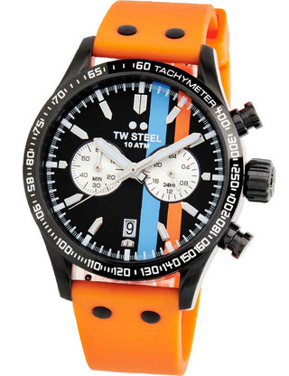 Angle shot of TW Steel Chronograph VS124 Black Dial Silicone Unisex Watch on white background