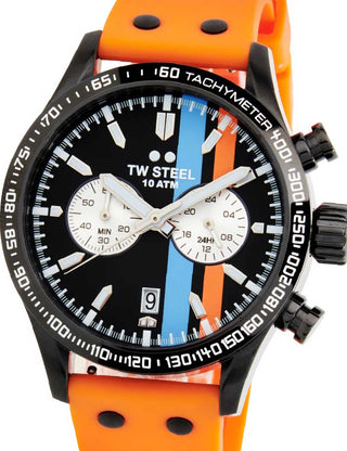 Front view of TW Steel Chronograph VS124 Black Dial Silicone Unisex Watch on white background