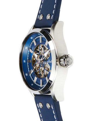 Angle shot of TW Steel VS132 Blue Dial Black Leather Unisex Watch on white background