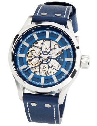 Angle shot of TW Steel VS132 Blue Dial Black Leather Unisex Watch on white background
