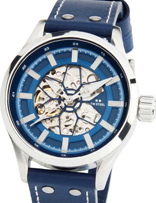 Front view of TW Steel VS132 Blue Dial Black Leather Unisex Watch on white background