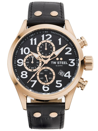 Angle shot of TW Steel Chronograph VS74 Black Leather Unisex Watch on white background