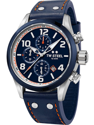 Angle shot of TW Steel Chronograph VS90 Blue Leather Unisex Watch on white background