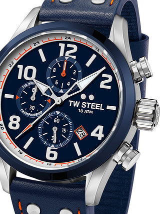 Front view of TW Steel Chronograph VS90 Blue Leather Unisex Watch on white background