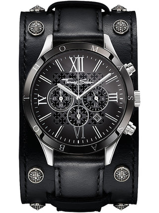 Front view of Thomas Sabo Chronograph WA0140-218-203 Black Leather Unisex Watch on white background