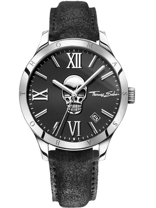 Front view of Thomas Sabo WA0210-218-203 Black Leather Unisex Watch on white background