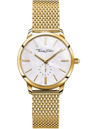 Front view of Thomas Sabo WA0302-264-213 Mother Of Pearl Dial Gold Stainless Steel Womens Watch on white background