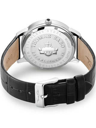 Angle shot of Thomas Sabo WA0325-218-203 Black Leather Unisex Watch on white background