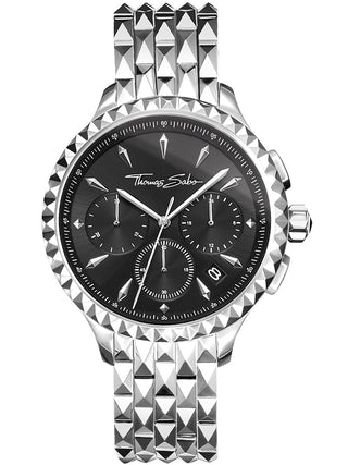 Front view of Thomas Sabo Chronograph WA0346-201-203 Black Dial Silver Stainless Steel Womens Watch on white background