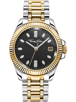 Front view of Thomas Sabo WA0370-291-203 Black Dial Gold Stainless Steel Womens Watch on white background