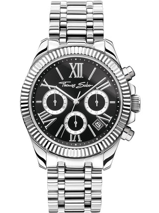 Front view of Thomas Sabo Chronograph WA0396-201-201 Black Dial Silver Stainless Steel Unisex Watch on white background