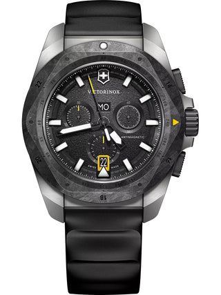 Angle shot of Victorinox Chronograph 241988.1 Black Dial Brown Strap Unisex Watch on white background