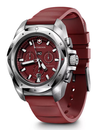Angle shot of Victorinox Chronograph 241986 Red Dial Unisex Watch on white background