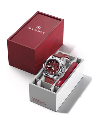 Angle shot of Victorinox Chronograph 241986 Red Dial Unisex Watch on white background