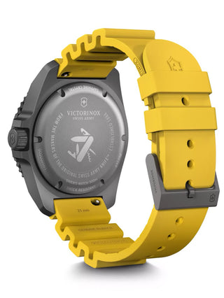 Angle shot of Victorinox 241992 Black Dial Yellow Strap Unisex Watch on white background