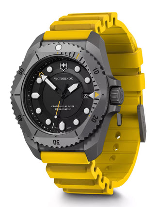 Angle shot of Victorinox 241992 Black Dial Yellow Strap Unisex Watch on white background