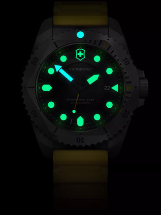 Angle shot of Victorinox 241992 Black Dial Yellow Strap Unisex Watch on white background