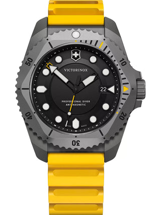 Front view of Victorinox 241992 Black Dial Yellow Strap Unisex Watch on white background