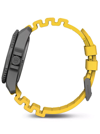 Angle shot of Victorinox 241992 Black Dial Yellow Strap Unisex Watch on white background