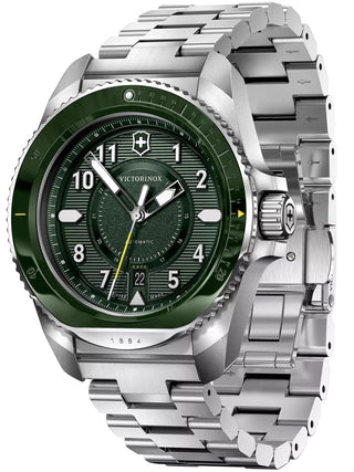 Angle shot of Victorinox 242015 Green Dial Silver Stainless Steel Unisex Watch on white background