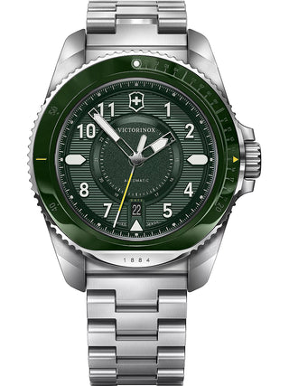 Front view of Victorinox 242015 Green Dial Silver Stainless Steel Unisex Watch on white background