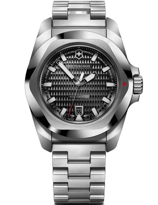 Front view of Victorinox 242019 Black Dial Silver Stainless Steel Unisex Watch on white background