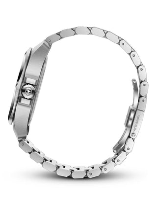 Angle shot of Victorinox 242019 Black Dial Silver Stainless Steel Unisex Watch on white background