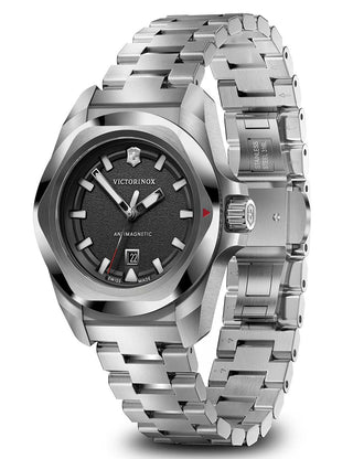 Angle shot of Victorinox 242036 Black Dial Silver Stainless Steel Womens Watch on white background