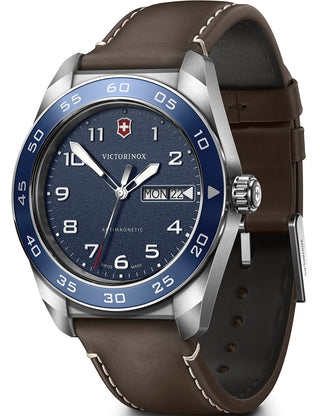 Front view of Victorinox 242040 Blue Dial Brown Leather Unisex Watch on white background
