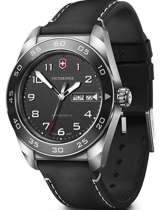 Front view of Victorinox 242041 Black Leather Unisex Watch on white background